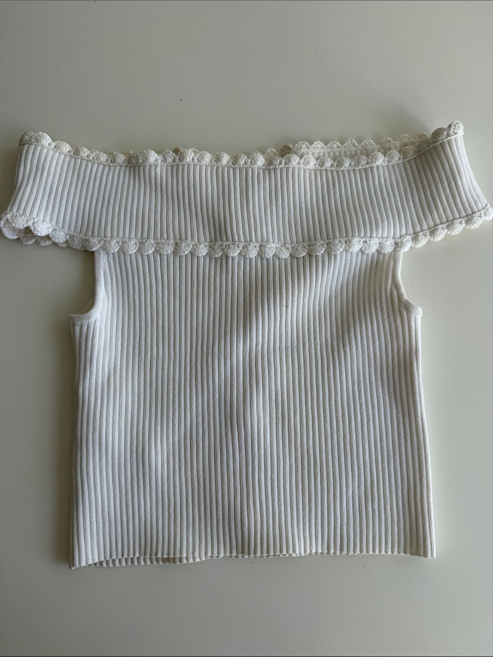 Sandro Off-Shoulder Ribbed Button-Front Knit Top in White - Picture 3 of 3